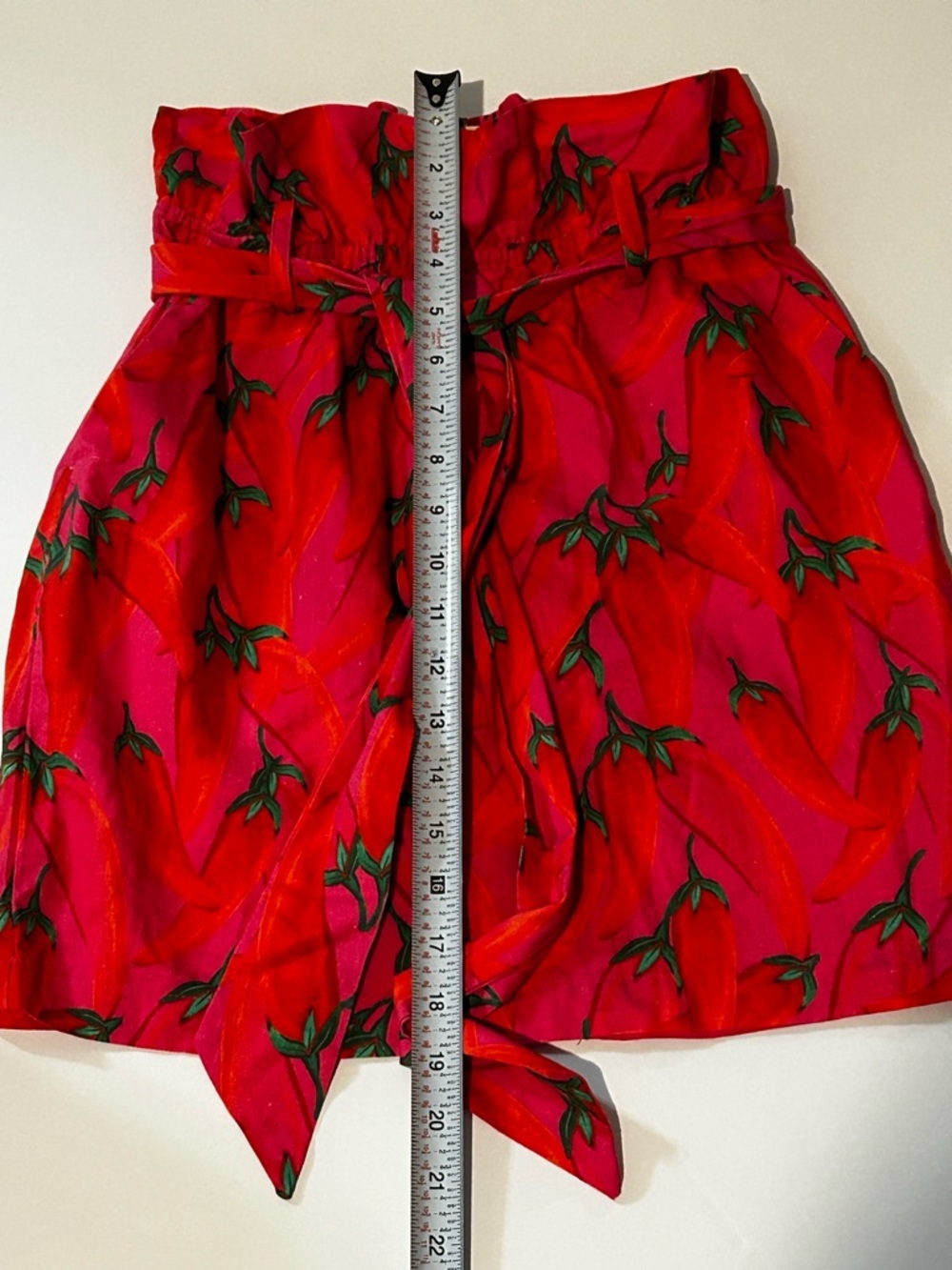 Farm Rio Red Pepper Mini Skirt XS Red Linen Blend Paper Bag Waist Tie Pockets - Picture 7 of 7
